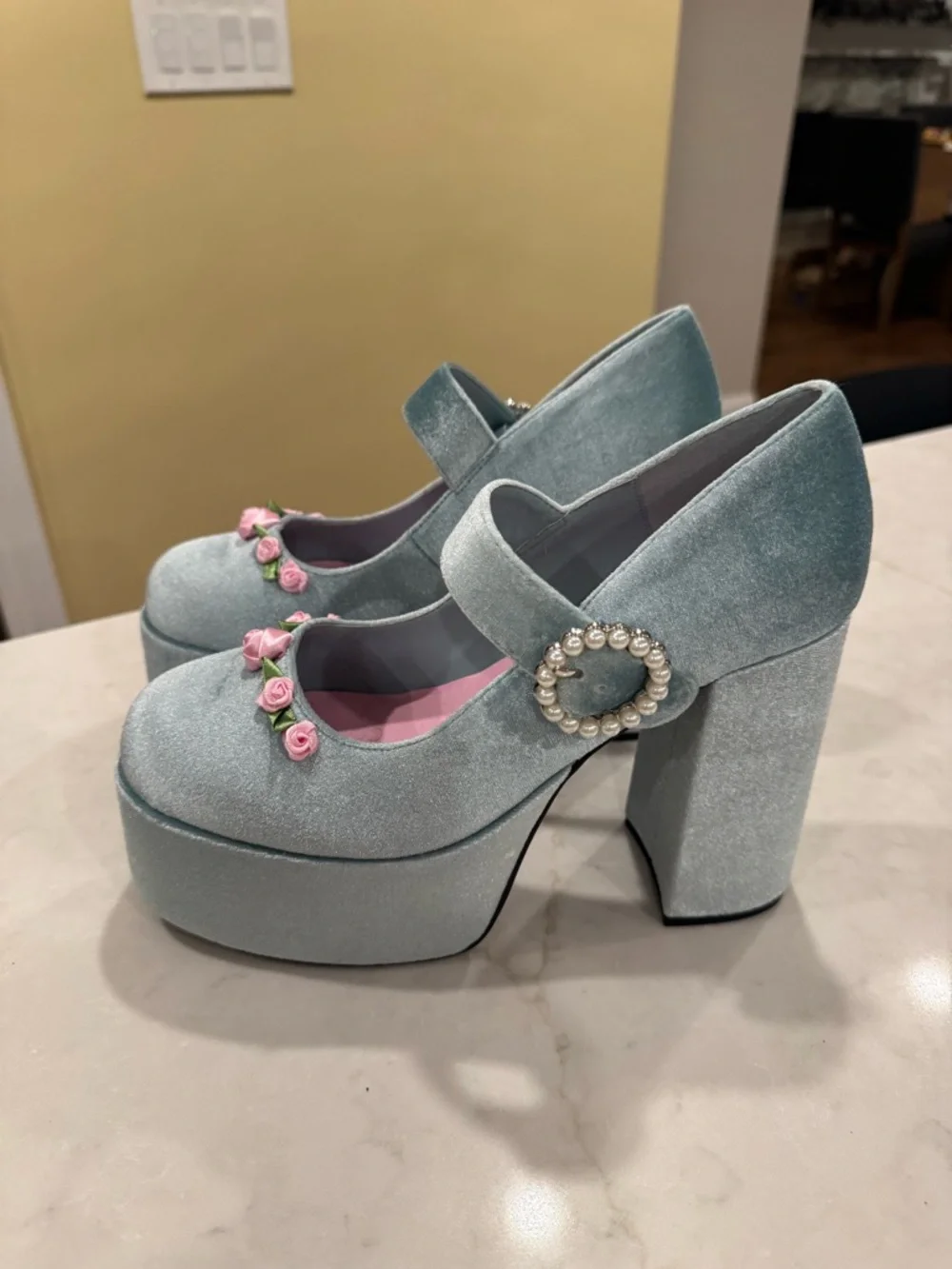 Platform heels, faux velvet, size 10, light blue - Picture 8 of 16